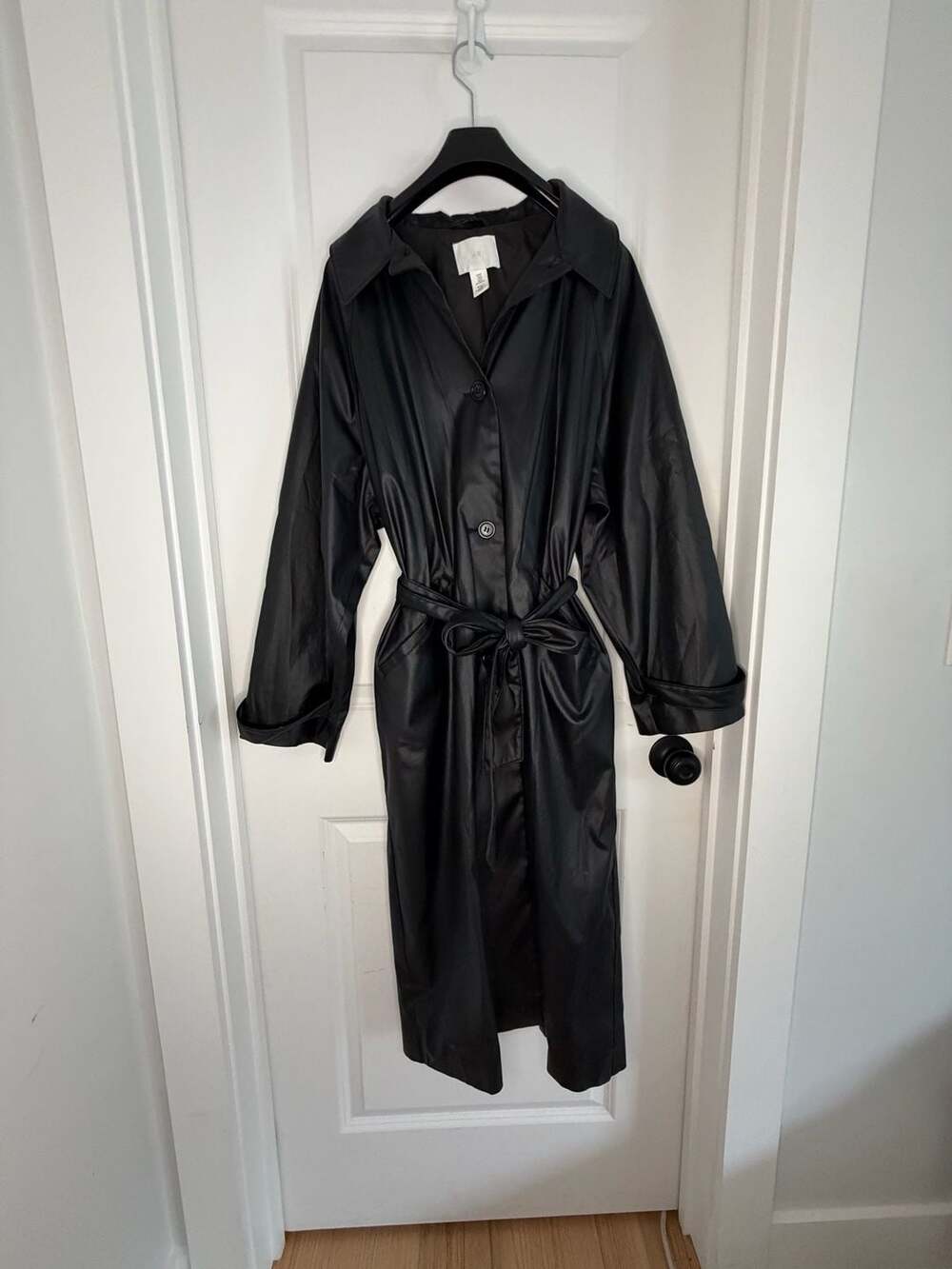 H&M Faux Leather Trench Coat Size M Black Belted Long Jacket